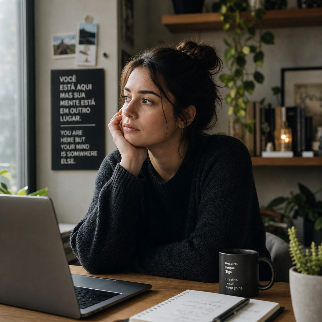 Mulher pensativa sentada à mesa de trabalho, olhando para o lado com laptop aberto — representando a relação entre saúde mental e dinheiro