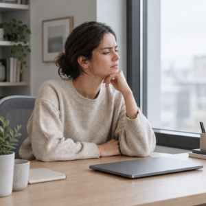 ansiedade financeira no trabalho — pessoa hesitando em abrir o notebook