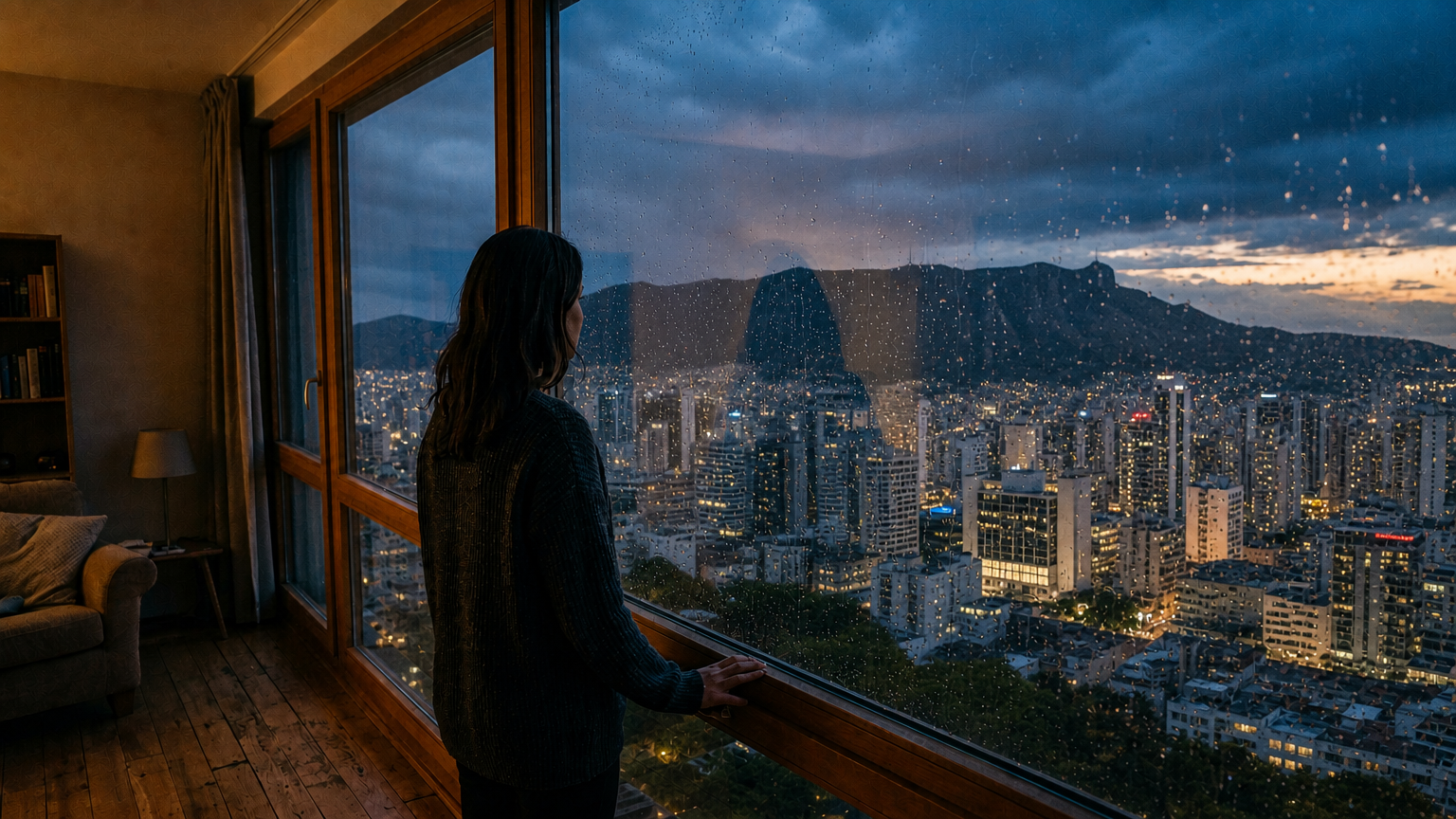 Silhueta refletindo sobre comportamento financeiro à noite, olhando a cidade pela janela