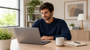 paz financeira: pessoa tranquila diante do notebook aberto, olhando as contas